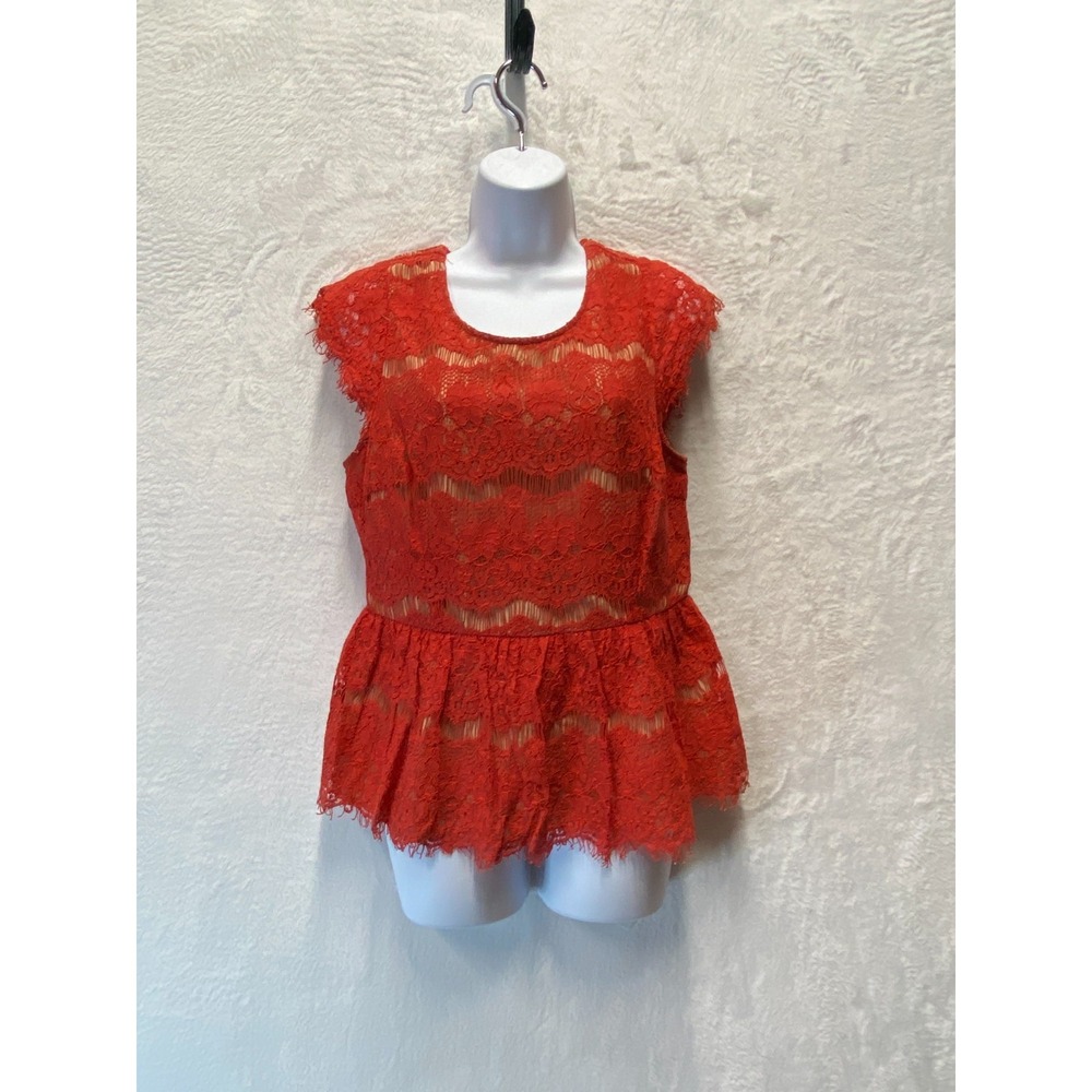 Maeve Anthropologie Lace Peplum Blouse Top Womens Medium Red Orange Cap Sleeve